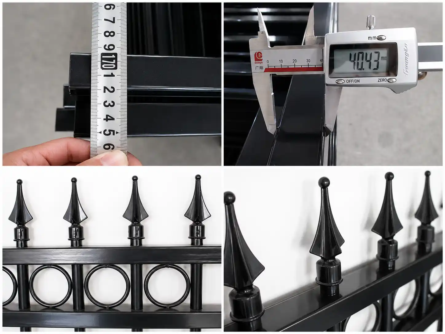 Tape and caliper measurements of steel fence components with spear top details