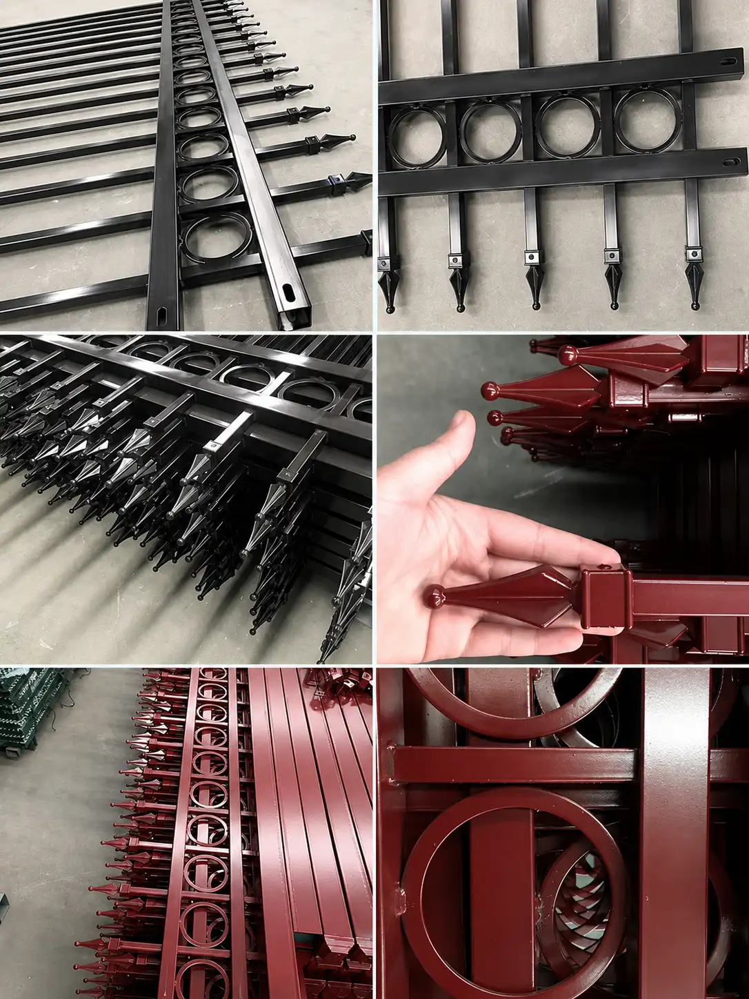 Steel spear top fence production collage showing black and red ornamental panels, pickets and circular details