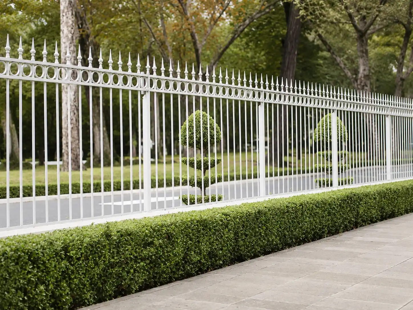 White steel spear top fence with circular ornamental inserts beside garden hedges