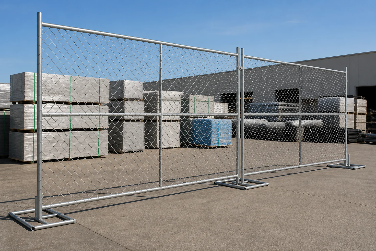 Temporary chain link fence panels with a gate and braces around a generic construction work zone